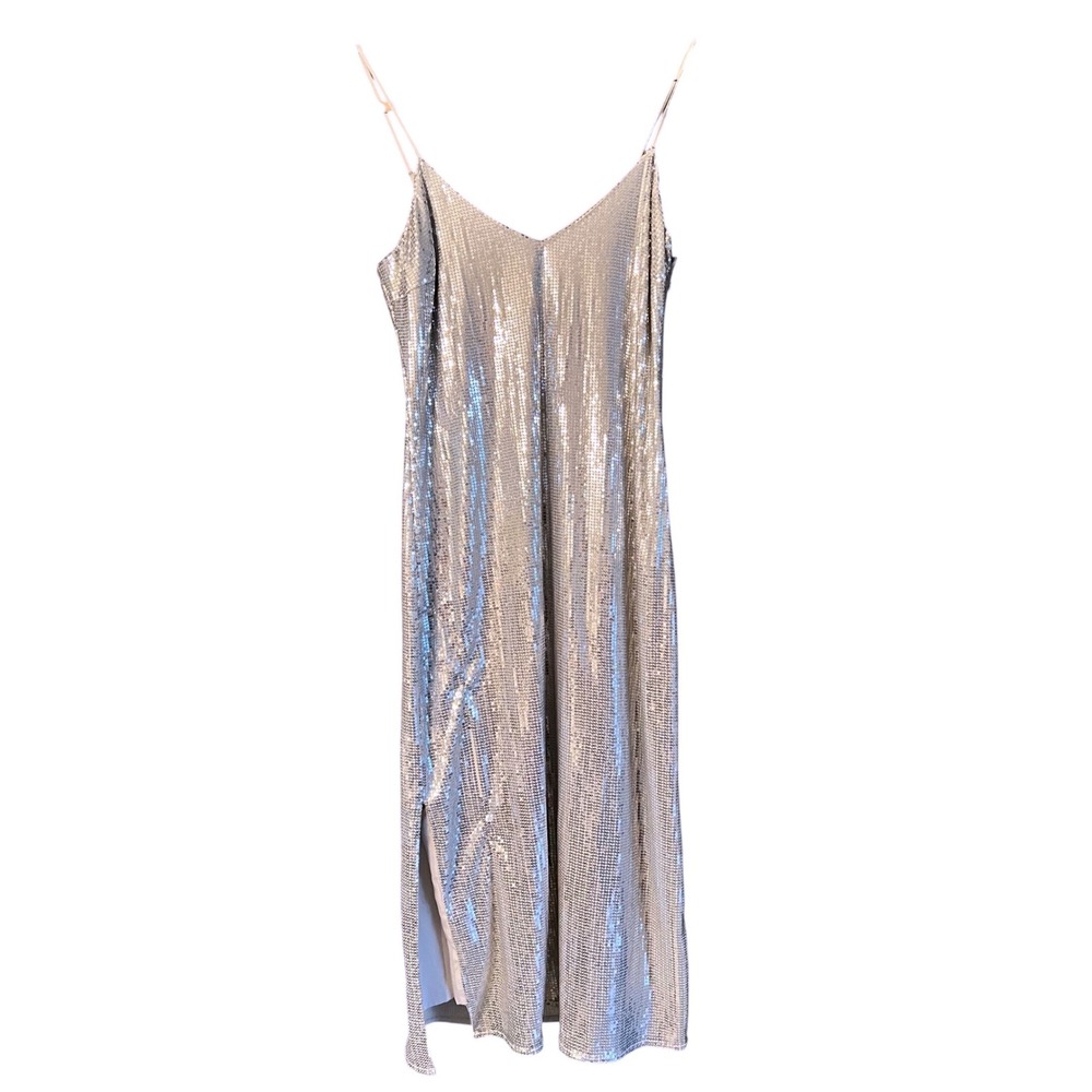 Sequin Slip Dress Silver Sleeveless Midi Party Cocktail Evening Women's